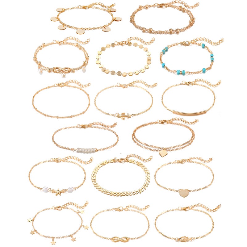 Softones 16Pcs Ankle Bracelets for Women Gold Silver Two Style Chain Beach Anklet Bracelet Jewelry Anklet Set,Adjustable Size - Image 1