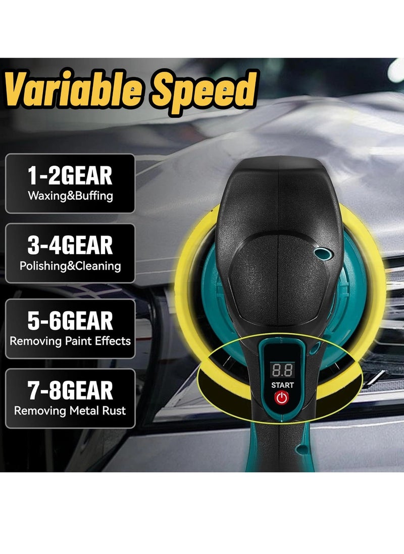 جيرزون - جهاز تلميع السيارات اللاسلكي من GearZone، مجموعة تلميع السيارات مع بطاريات 21 فولت 2 × 4.0 أمبير، تلميع مداري لامركزي مع 8 سرعات متغيرة تصل إلى 6000 دورة في الدقيقة، لتنظيف السيارة/إزالة الخدوش - أزرق - Image 1