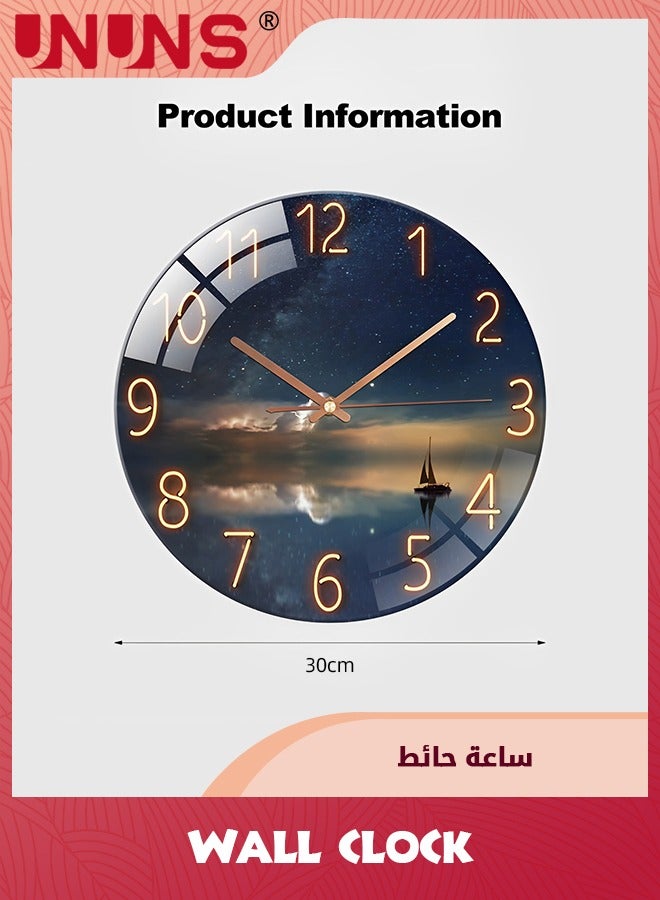 UNUNS 12inch(30cm) Glass Wall Clock,Starry Wall Clock,Battery Operated Silent Wall Decor For Home,Kitchen,Living Room,Office,Bedroom,Or Bathroom - Image 2