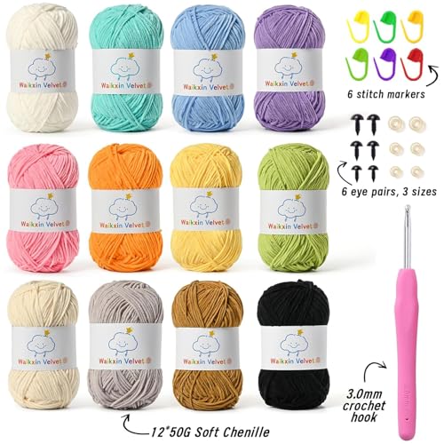 Waikxin 12 Pack Fluffy Chenille Yarn for Crocheting, Baby Yarn for Crocheting Soft, 600g/21oz Velvet Fingering Weight Amigurumi Yarn for Crochet Baby Blanket&DIY Crafts.(Set B) - Image 2