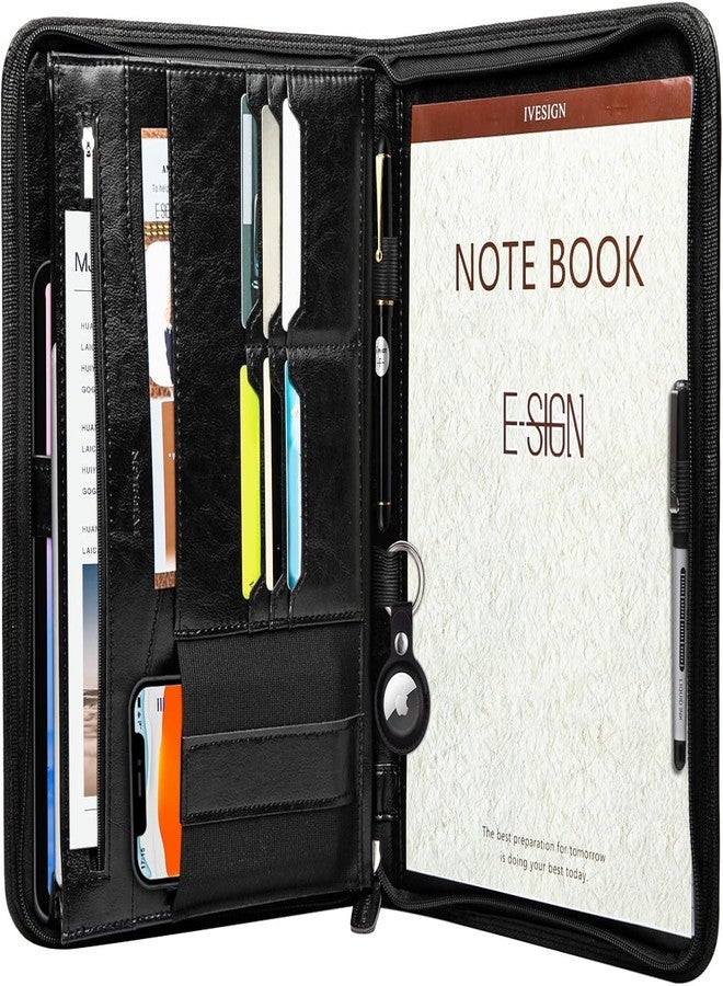 IVESIGN Zippered Padfolio for Women & Men Resume Portfolio Folder Vegan Leather Salesman Business Organizer Planner,with Writing Pad Interior 10.1 Inch Tablet Sleeve Black - Image 1