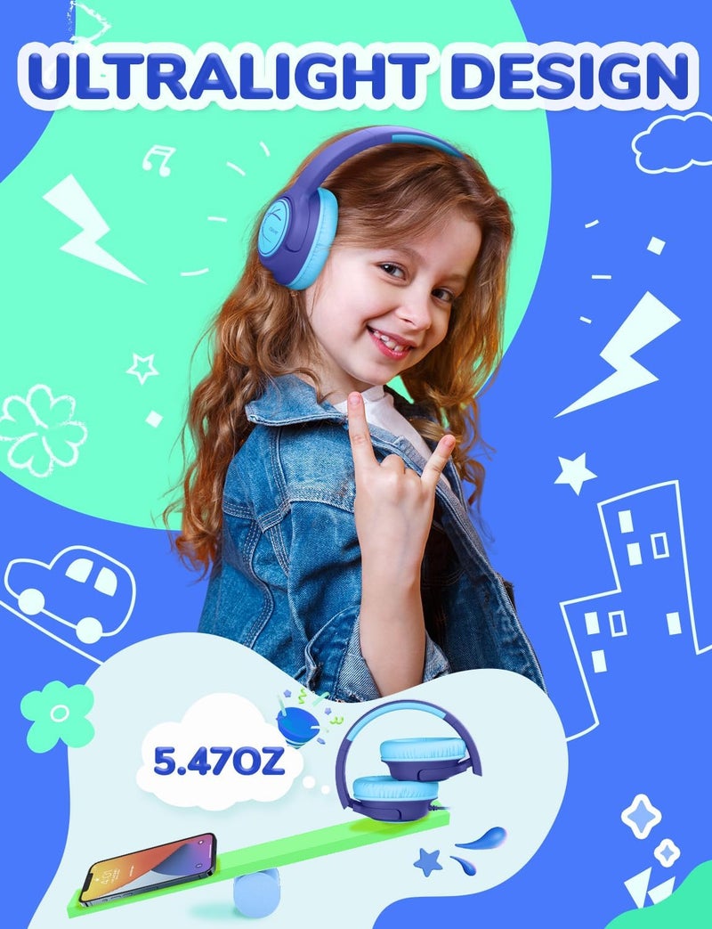 iClever Children's Headphones with Cable, 85 dBA Safe Volume, Stereo Sound, Over Ear Foldable 3.5 mm Jack Children's Headphones for iPad, Tablets, School, Travel, Navy Blue - Image 4