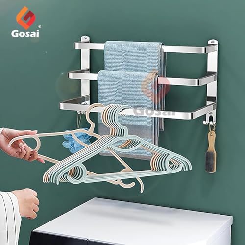 GOSAI Self Adhesive Towel Rack Bathroom Accessories - Stainless Steel 3-Tier Shelf for Bathroom Kitchen - Holder Rail Hanger Stand (Silver, 16 Inch) - Image 2