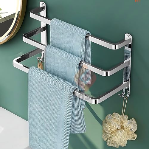 GOSAI Self Adhesive Towel Rack Bathroom Accessories - Stainless Steel 3-Tier Shelf for Bathroom Kitchen - Holder Rail Hanger Stand (Silver, 16 Inch) - Image 1