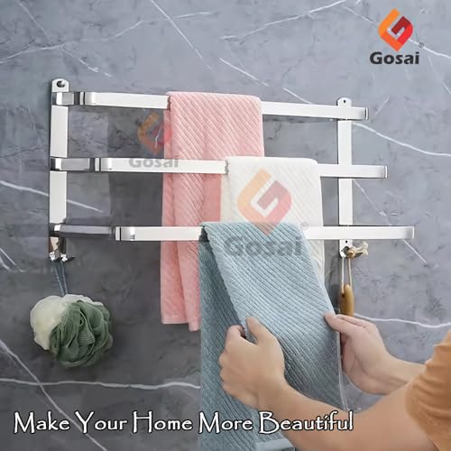 GOSAI Self Adhesive Towel Rack Bathroom Accessories - Stainless Steel 3-Tier Shelf for Bathroom Kitchen - Holder Rail Hanger Stand (Silver, 16 Inch) - Image 4