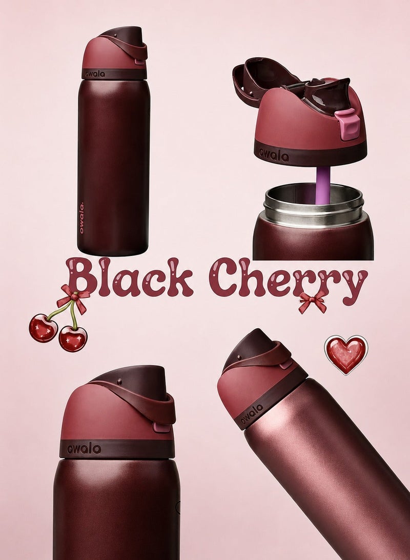 Owala 32 OZ. 945 ML Owala Stainless Steel Water Bottle, Black Cherry, with push button lids and built-in straws for sipping or swigging. - Image 1