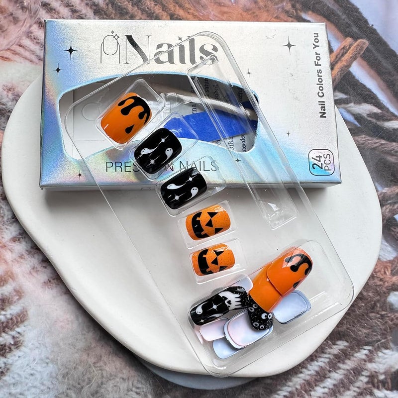 WULIUFLY On-demand local restock Halloween Short Fake Nails: Square Glitter Acrylic Nails - Pumpkin Cobweb Ghost Designs, Orange Press Ons for Women's Manicure Decorations Mountain region eligible ship - Image 3