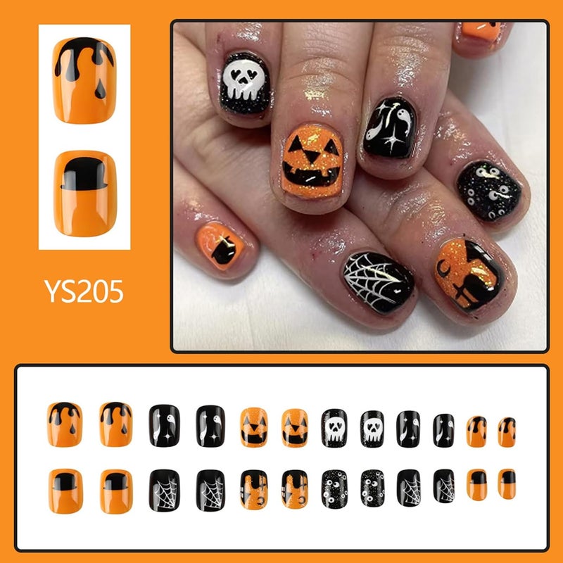 WULIUFLY On-demand local restock Halloween Short Fake Nails: Square Glitter Acrylic Nails - Pumpkin Cobweb Ghost Designs, Orange Press Ons for Women's Manicure Decorations Mountain region eligible ship - Image 2