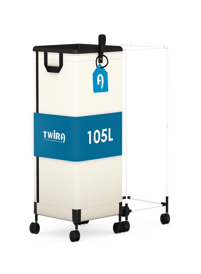 Twira Laundry Basket with Wheels 105L, Large Rolling Laundry Hamper with Removable Bag, Metal Frame Collapsible Dirty Clothes Bin, Cloth Organizer Hampers Pull Handle for Bathroom, Dorm, Bedroom White - Image 1