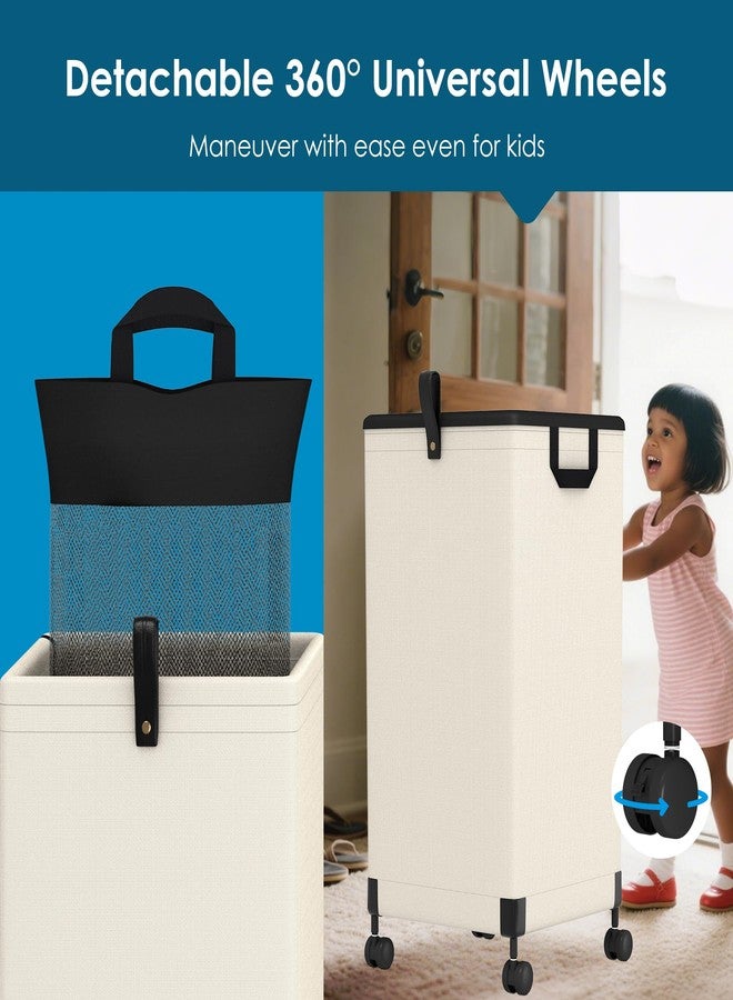 Twira Laundry Basket with Wheels 105L, Large Rolling Laundry Hamper with Removable Bag, Metal Frame Collapsible Dirty Clothes Bin, Cloth Organizer Hampers Pull Handle for Bathroom, Dorm, Bedroom White - Image 5