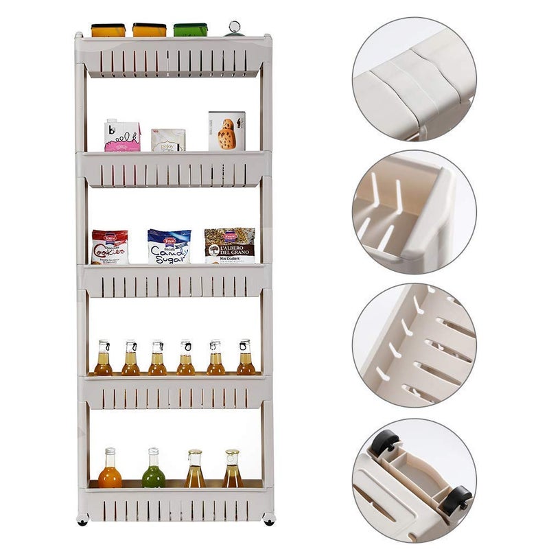 OANGO 5 Tier Storage Rack Space Saving Storage Organizer Slim Rack Shelf WheelsTrolley Rack Holder Storage Organizer for KitchenLivingBedroom White - Image 5