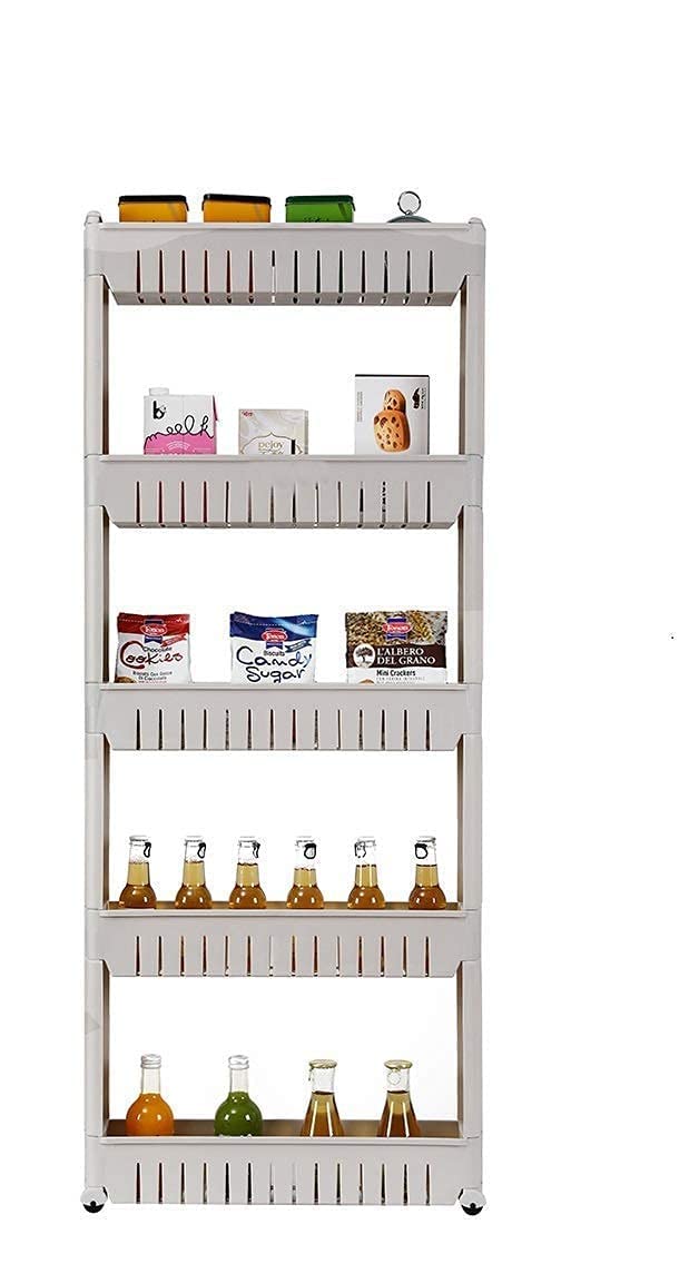 OANGO 5 Tier Storage Rack Space Saving Storage Organizer Slim Rack Shelf WheelsTrolley Rack Holder Storage Organizer for KitchenLivingBedroom White - Image 1