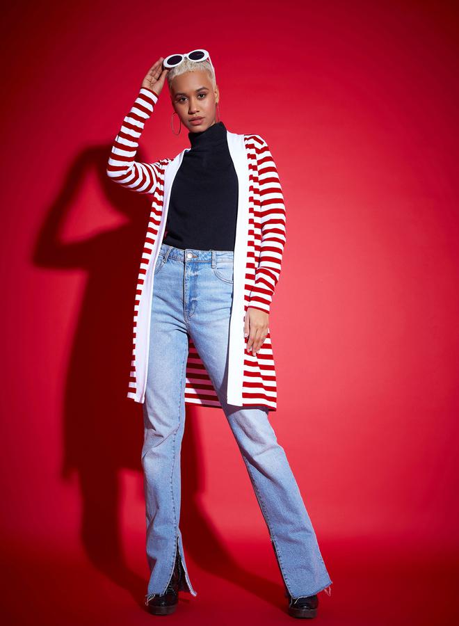 ساسافراس جاكيت مخطط محبوك بلا أزرار - Image 2