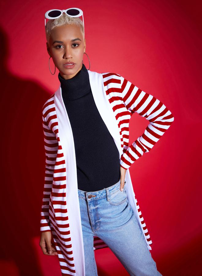 SASSAFRAS Striped Front Open Knit Shrug - Image 1