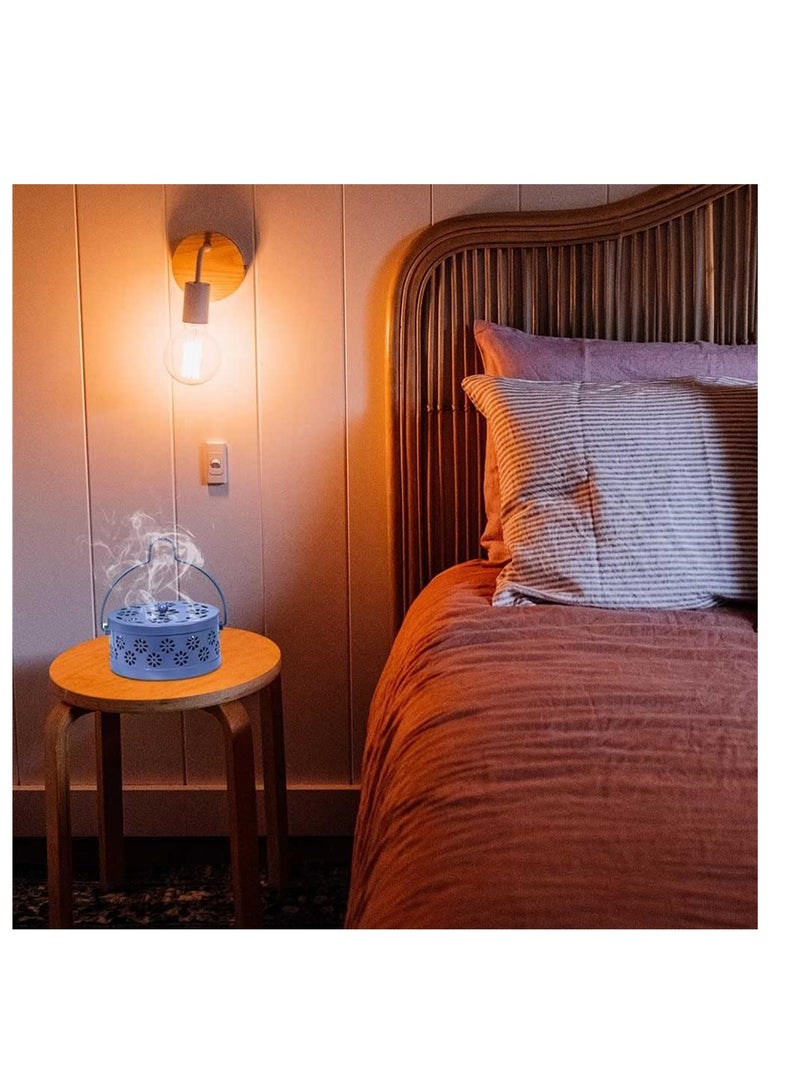 حامل لفافة البعوض المحمولة - صينية بخور زهر البرقوق العتيق، موقد خشب الصندل والمعدن مع مقبض للاستخدام الداخلي والخارجي، تصميم أنيق باللون الأزرق - Image 3