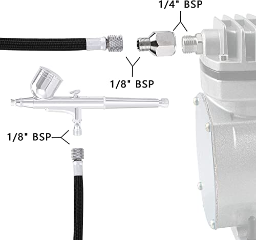 JOYABEST Badger, Paasche, Iwata, Master Airbrush Compatible Nylon Braided Air Hose - 1.8m/6ft, 1/8"BSP - 1/8" & 1/4" Adaptor Kit with Male & Female Hose Connection - Image 2