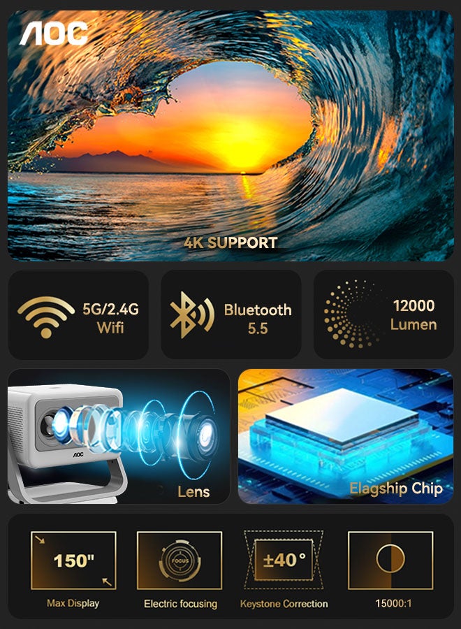 AOC Mini Projector, Portable Projector 4K Support, 12000 Luemn/Electric Focus/Projector with Wifi and Bluetooth,Dust Removal and Heat Dissipation Design, Compatible with Android/PS5 for Home Theater XL3-300 Noble - Image 2