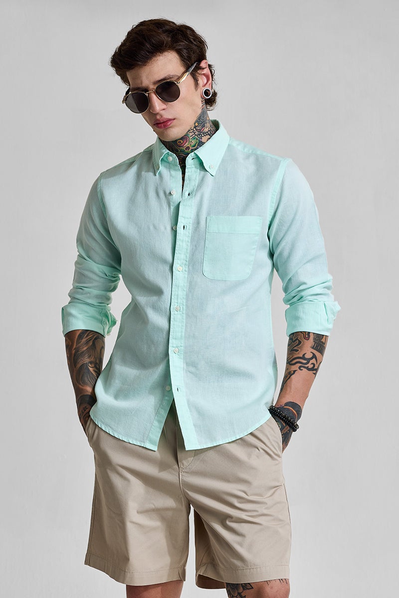 SNITCH Mint Slim Fit Linen Blend Shirt - Image 1