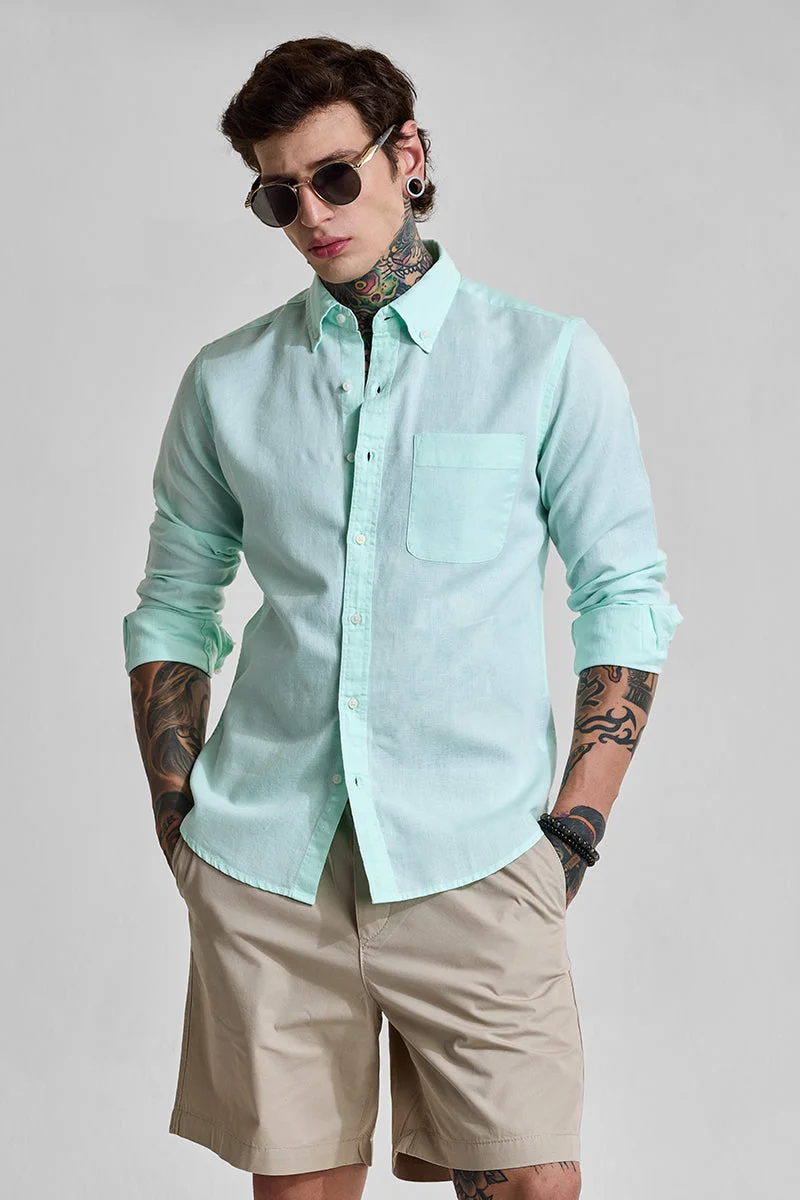 SNITCH Mint Slim Fit Linen Blend Shirt