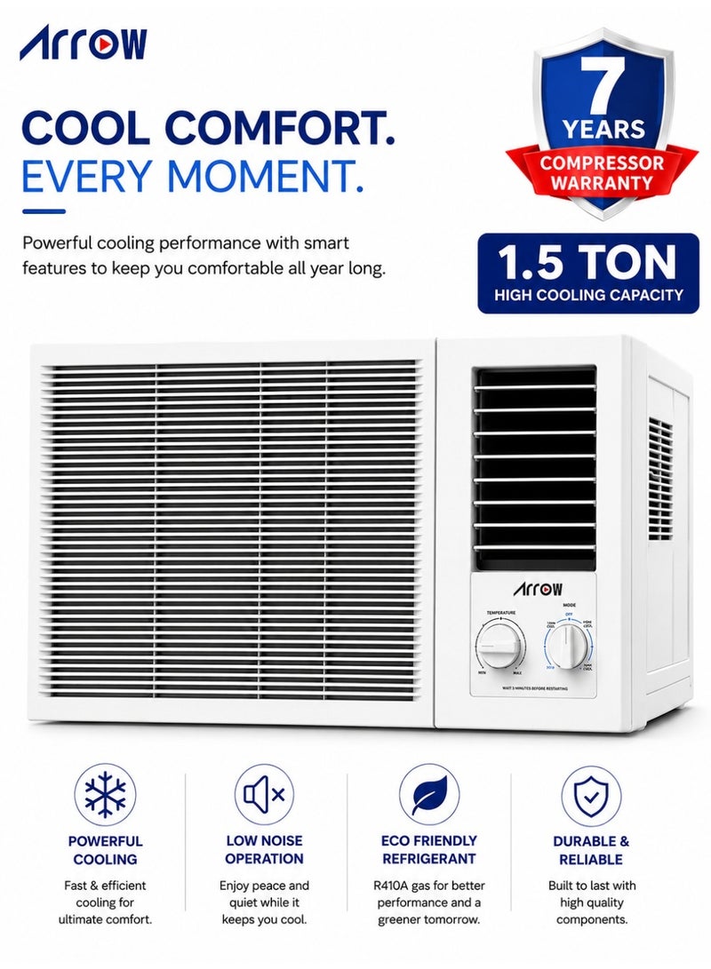 Arrow Window Air Conditioner, with 7 years compressor warranty, Mechanical Controls, 100% Copper, Golden Fin , Back Grill Protection, White Color | Model Name: RO-18WCHC - Image 1