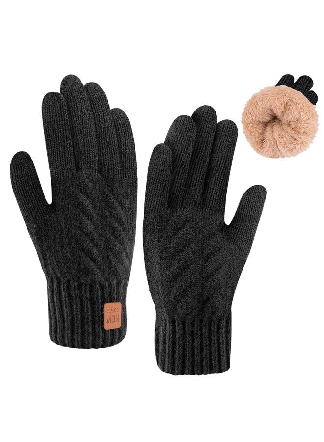 YukiniYa Kids Gloves Winter Thermal Double-Layer Knit Wool Fleece Lined Touchscreen for Boys Girls 4-18 Years Cold Weather, Black, M (6-9 Years, Length= 7 inch) - Image 1