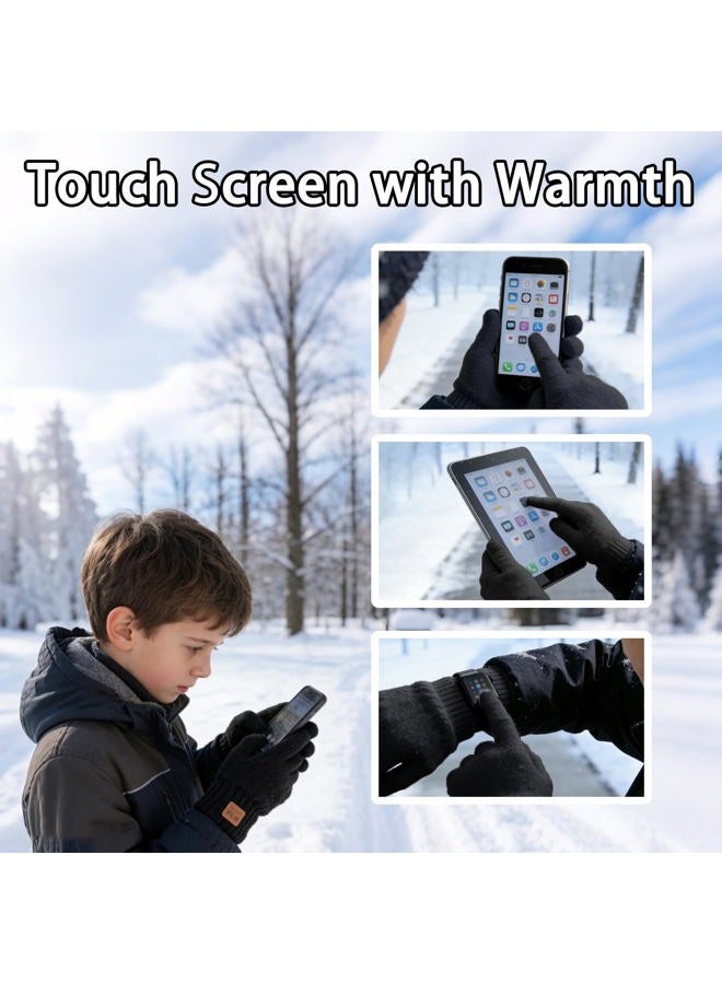 YukiniYa Kids Gloves Winter Thermal Double-Layer Knit Wool Fleece Lined Touchscreen for Boys Girls 4-18 Years Cold Weather, Black, M (6-9 Years, Length= 7 inch) - Image 5