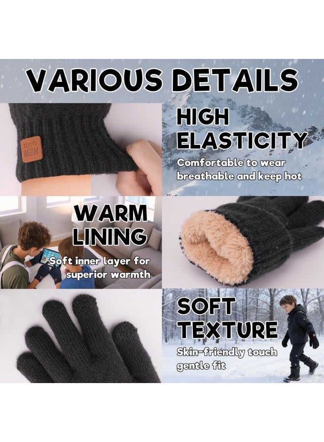 YukiniYa Kids Gloves Winter Thermal Double-Layer Knit Wool Fleece Lined Touchscreen for Boys Girls 4-18 Years Cold Weather, Black, M (6-9 Years, Length= 7 inch) - Image 4