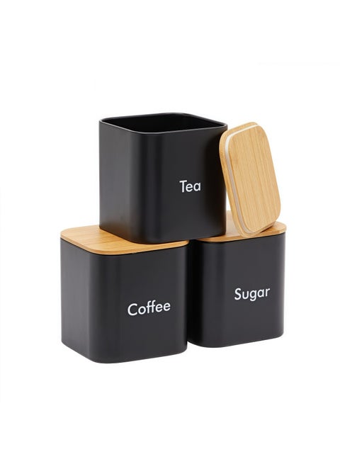 3-Piece Sugar Tea Coffee Kitchen Jar Set, Black Stainless Steel Container with Bamboo Lid (550ml)