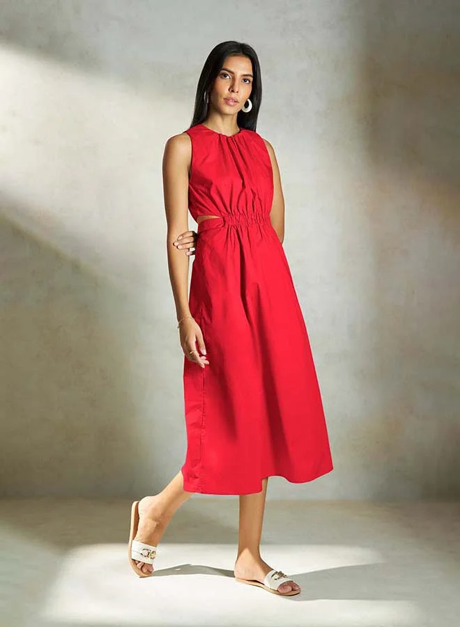 Virgio  VIRGIO 100% Cotton Elastic Waist Cutout Midi Dress for Women | Best Price UAE