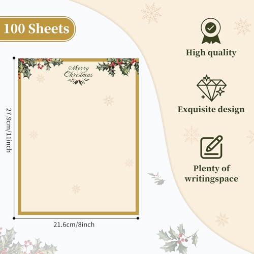 Lonfliness 100 PCS Vintage Christmas Holly Letterhead Christmas Border Computer Paper Stationery Paper for Note Letters to Santa Holiday Printer Paper Invitations Office School 85 x 11 In - Image 3