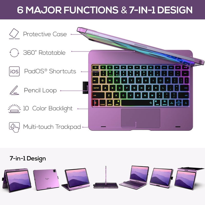 typecase Flexbook Keyboard case for iPad Air 11 (M3/M2), Air 5th/4th & Pro 11 (4th/3rd/2nd/1st) with Trackpad, 10-Color Backlit, 360 Rotable, Pencil Holder (Light Purple25) (Not fit A16/10th/ 11-M4) - Image 3