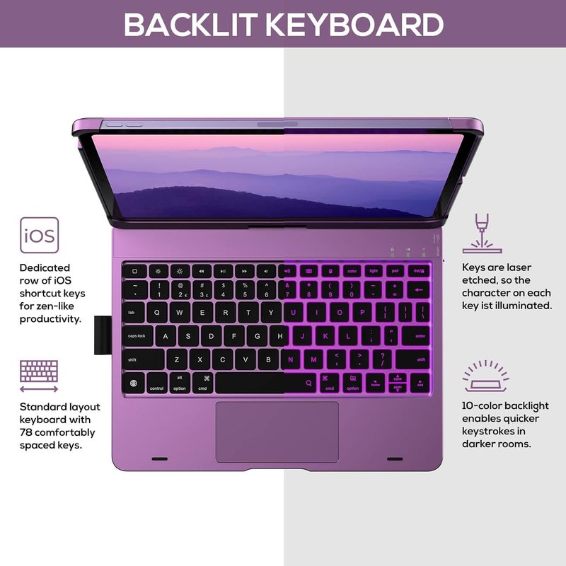 typecase Flexbook Keyboard case for iPad Air 11 (M3/M2), Air 5th/4th & Pro 11 (4th/3rd/2nd/1st) with Trackpad, 10-Color Backlit, 360 Rotable, Pencil Holder (Light Purple25) (Not fit A16/10th/ 11-M4) - Image 5