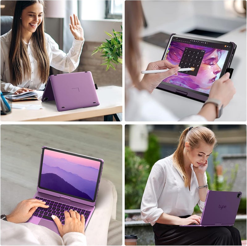 typecase Flexbook Keyboard case for iPad Air 11 (M3/M2), Air 5th/4th & Pro 11 (4th/3rd/2nd/1st) with Trackpad, 10-Color Backlit, 360 Rotable, Pencil Holder (Light Purple25) (Not fit A16/10th/ 11-M4) - Image 4