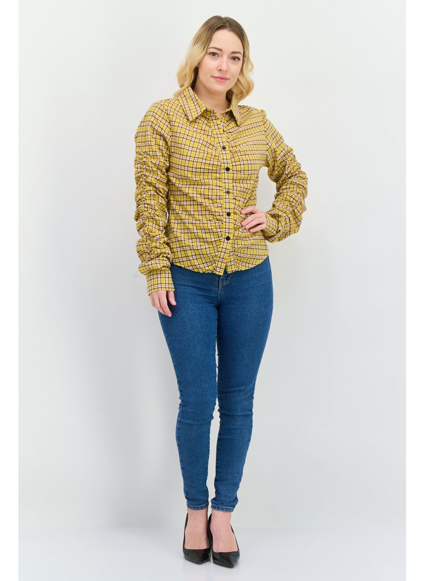 I SAW IT FIRST - Women Spread Collar Long Sleeves Checkered Blouse, Yellow Combo - Image 1