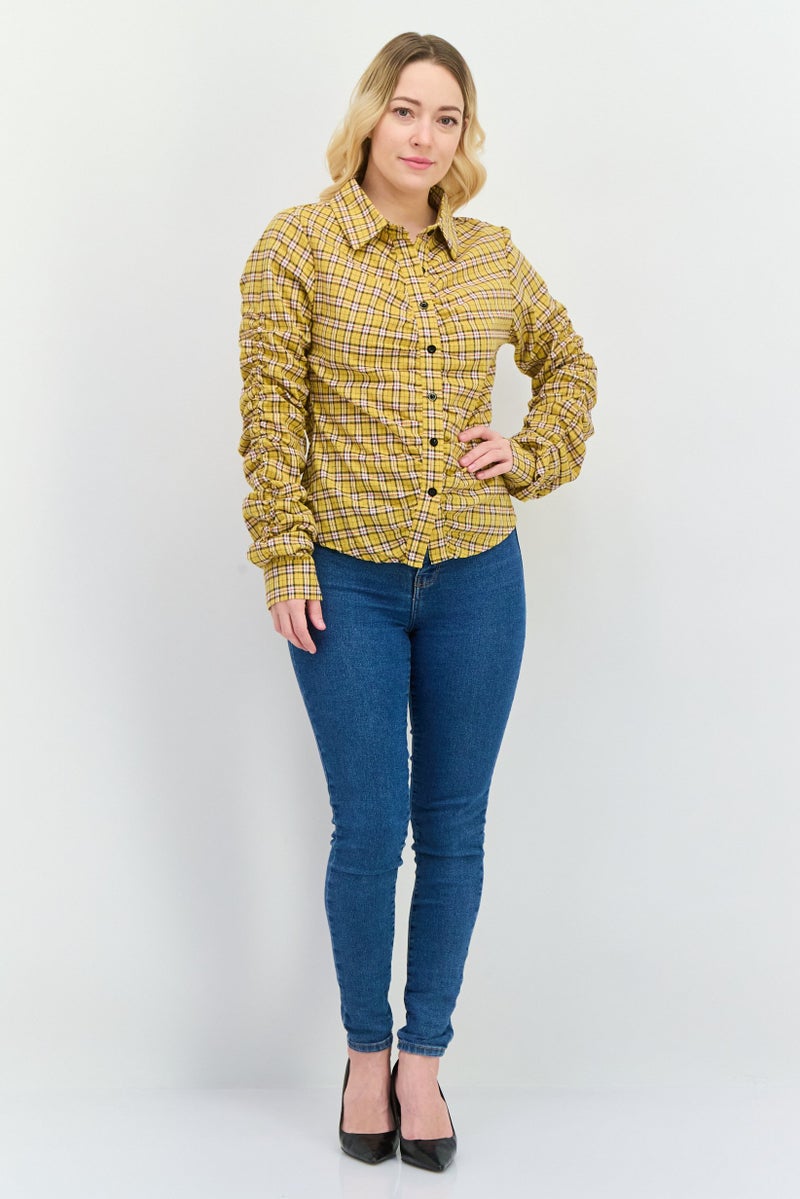 I SAW IT FIRST Women Spread Collar Long Sleeves Checkered Blouse, Yellow Combo - Image 4