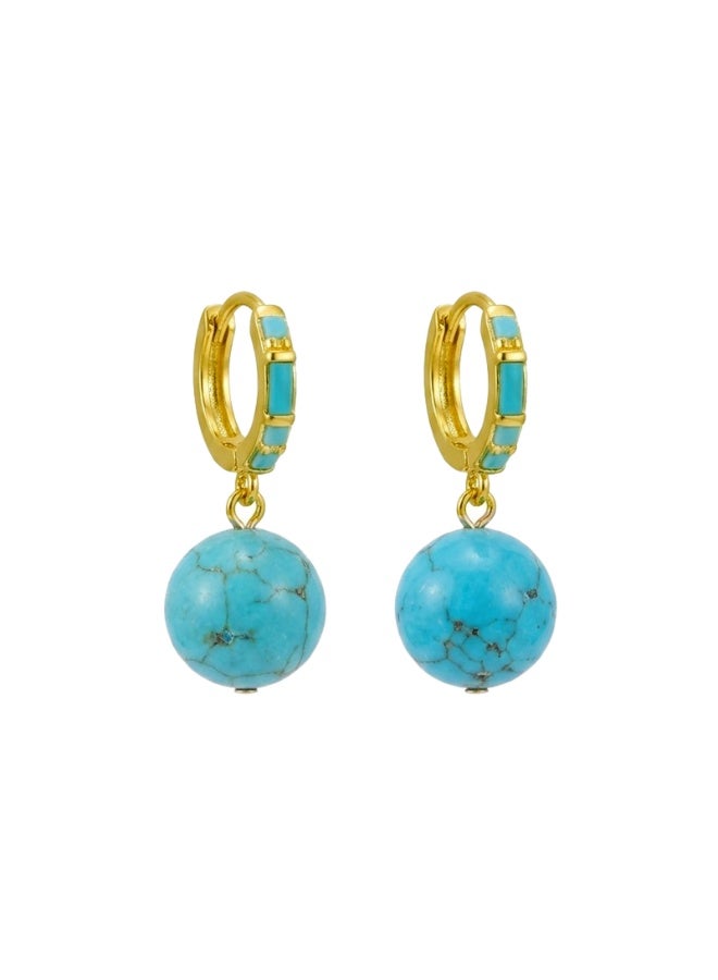 Julia Store 21K Gold Plated Stainless Steel Aesthetic Exquisite Luxury Elegant Dainty Cute Trendy Natural Polish Turquoise Ball Inlaid Dangle Drop Huggie Hoop Earrings Jewelry Gift For Women - Image 1