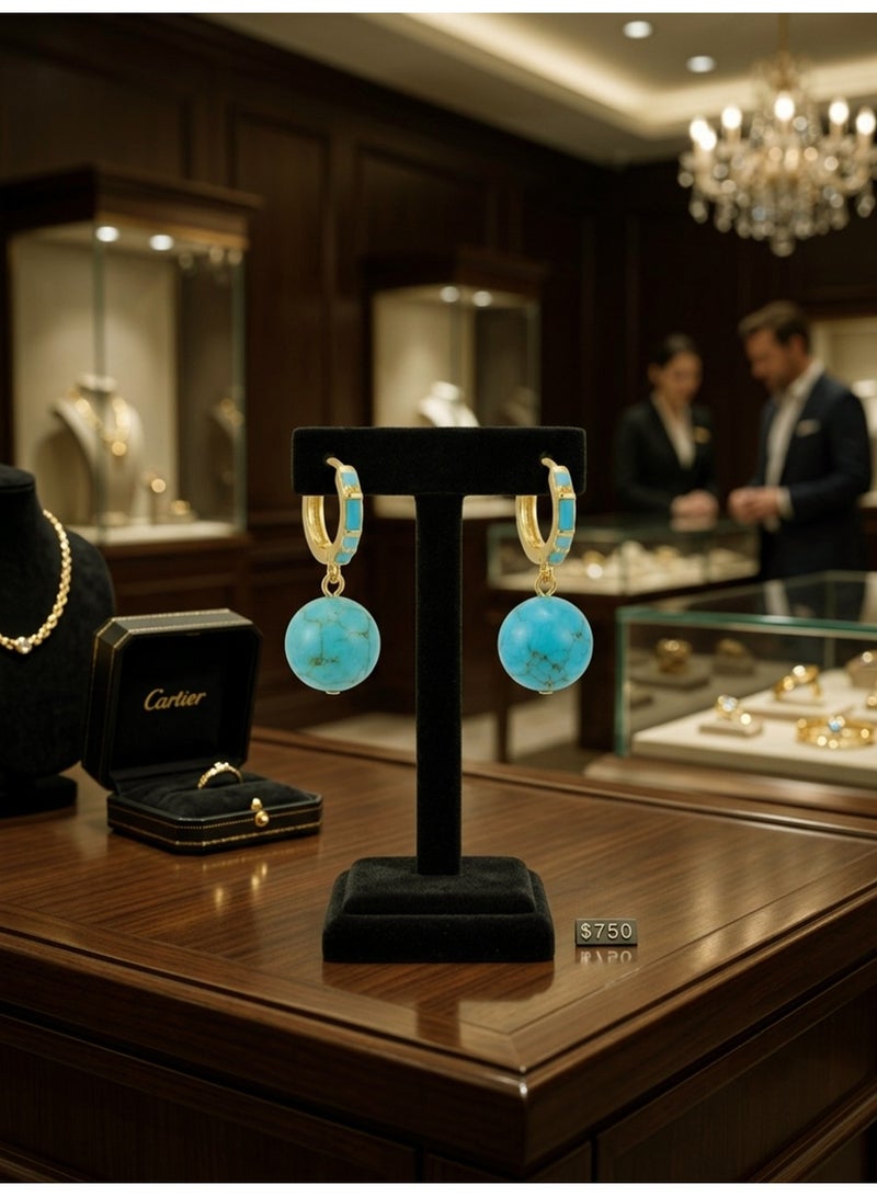 Julia Store 21K Gold Plated Stainless Steel Aesthetic Exquisite Luxury Elegant Dainty Cute Trendy Natural Polish Turquoise Ball Inlaid Dangle Drop Huggie Hoop Earrings Jewelry Gift For Women - Image 2