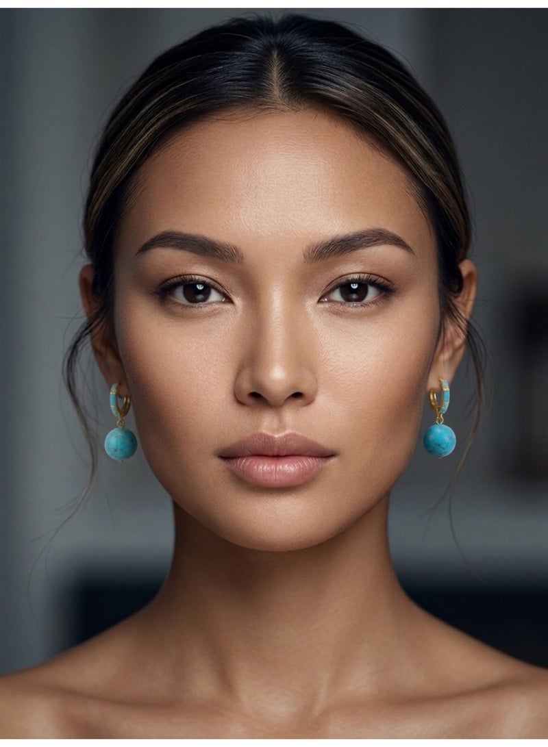 Julia Store 21K Gold Plated Stainless Steel Aesthetic Exquisite Luxury Elegant Dainty Cute Trendy Natural Polish Turquoise Ball Inlaid Dangle Drop Huggie Hoop Earrings Jewelry Gift For Women - Image 3