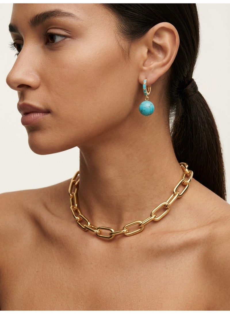 Julia Store 21K Gold Plated Stainless Steel Aesthetic Exquisite Luxury Elegant Dainty Cute Trendy Natural Polish Turquoise Ball Inlaid Dangle Drop Huggie Hoop Earrings Jewelry Gift For Women - Image 4