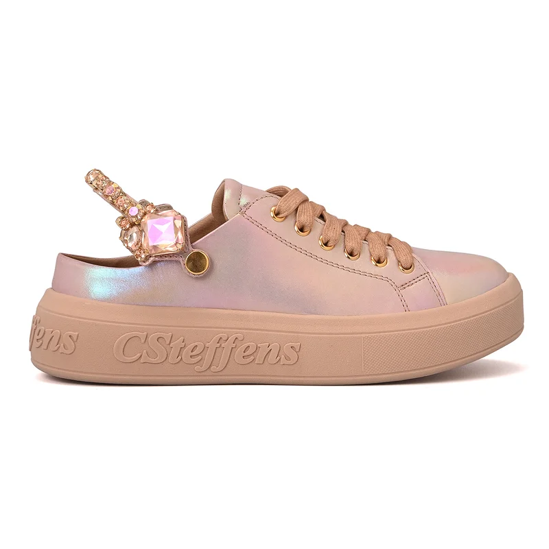 Holographic Iridescent Leather Sneakers with Rhinestones