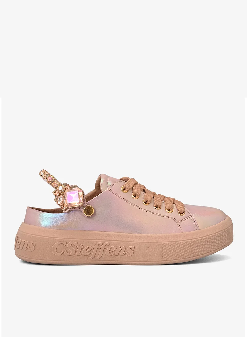 Holographic Iridescent Leather Sneakers with Rhinestones