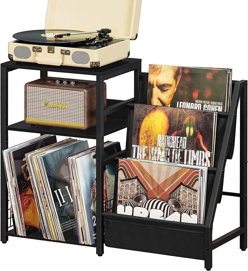 OGFC 11112 Black End Table,Record Player Stand with Vinyl Storage,3 Tier Side Table with Display Shelf Storage Up to 150 Albums,Industrial Large Record Holder Cabinet for Living Room - Image 1