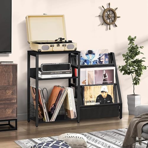 OGFC 11112 Black End Table,Record Player Stand with Vinyl Storage,3 Tier Side Table with Display Shelf Storage Up to 150 Albums,Industrial Large Record Holder Cabinet for Living Room - Image 4