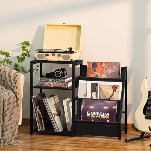 OGFC 11112 Black End Table,Record Player Stand with Vinyl Storage,3 Tier Side Table with Display Shelf Storage Up to 150 Albums,Industrial Large Record Holder Cabinet for Living Room - Image 2