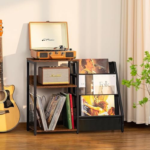 OGFC 11112 Black End Table,Record Player Stand with Vinyl Storage,3 Tier Side Table with Display Shelf Storage Up to 150 Albums,Industrial Large Record Holder Cabinet for Living Room - Image 5