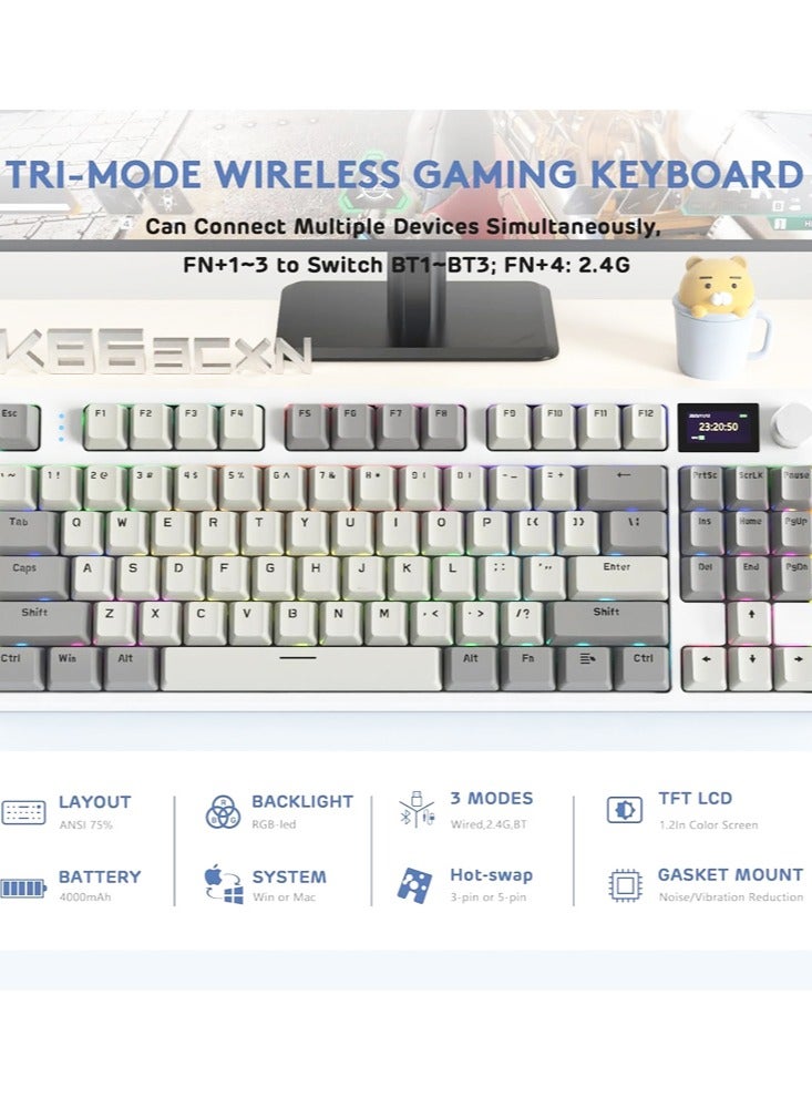 Attack Shark K86 RGB Wireless Gasket Mechanical Keyboard,Triple Mode Bluetooth5.0/2.4G/USB-C 87 Keys Hot Swappable Gaming Keyboard, 4000 mAh Battery 1.2'' HD OLED Display Volume Rotary Button for Games and Work - Image 3