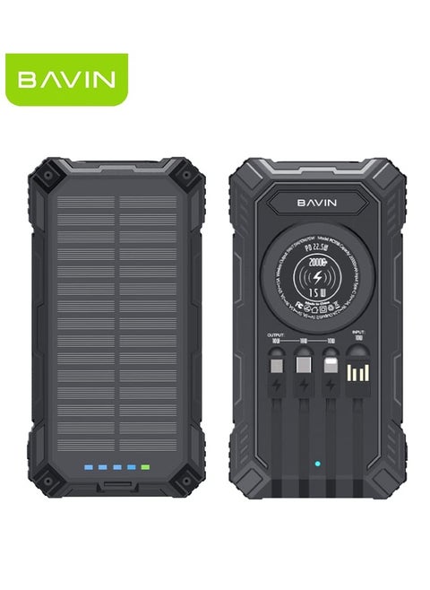 20000mAh Solar Powerbank Wireless Charging with Flashlight Built-in 4 Cables and 22.5W