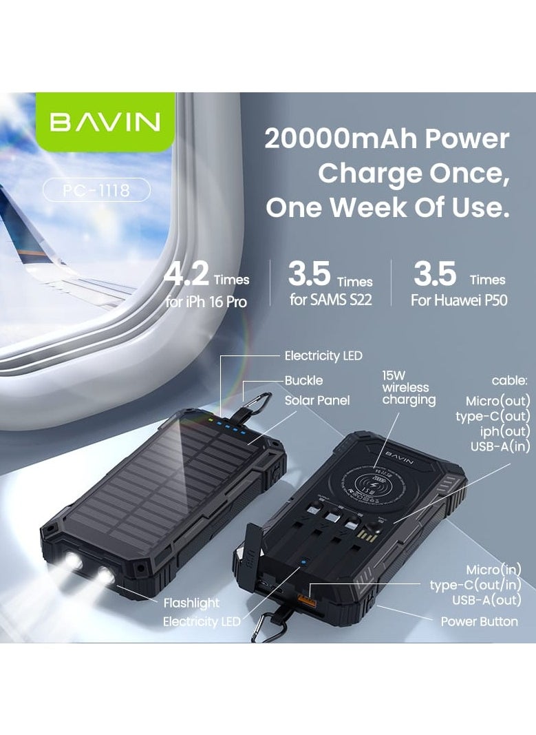 Bavin - 20000mAh Solar Powerbank Wireless Charging with Flashlight Built-in 4 Cables and 22.5W - Image 1
