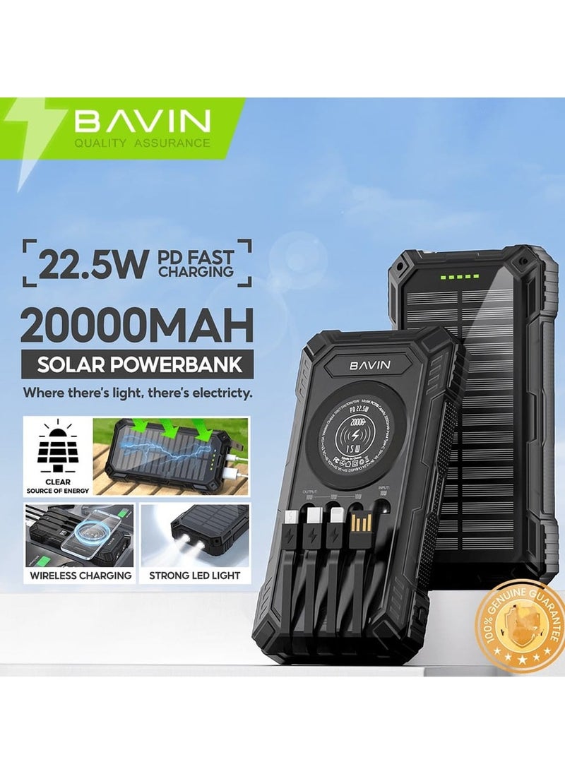 Bavin - 20000mAh Solar Powerbank Wireless Charging with Flashlight Built-in 4 Cables and 22.5W - Image 1