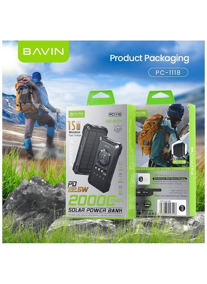 Bavin - 20000mAh Solar Powerbank Wireless Charging with Flashlight Built-in 4 Cables and 22.5W - Image 1